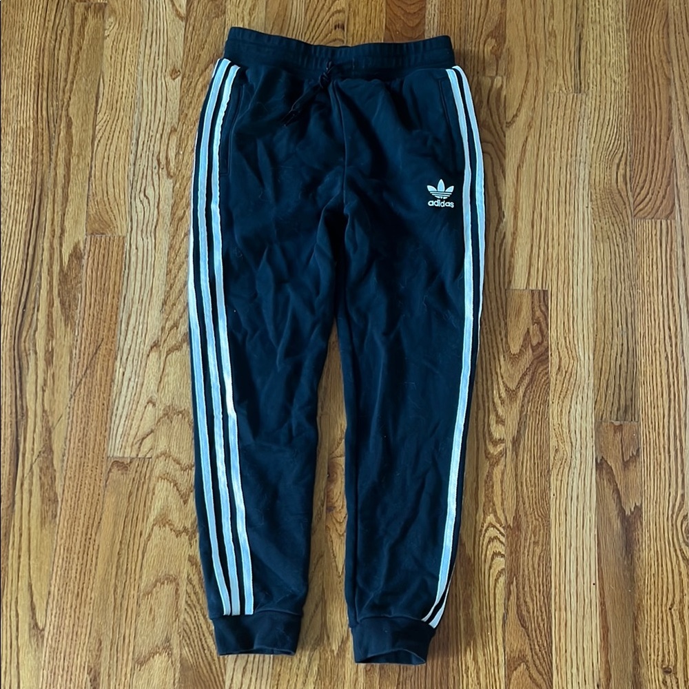 EUC kids medium Adidas Black and White Joggers with Elastic Cuffs